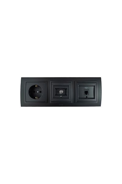 ELBİ Elbi Zena Black Triple Set Grounded Socket + Satellite TV Socket + Numeris Cat3 Rj11