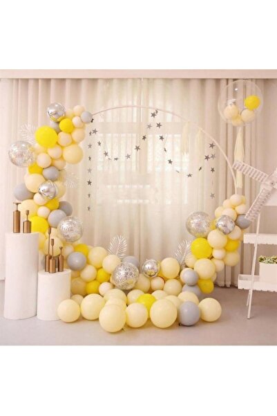 kidspartim Sarı Makaron Gümüş Krom Konfetili Balon Zincir Seti