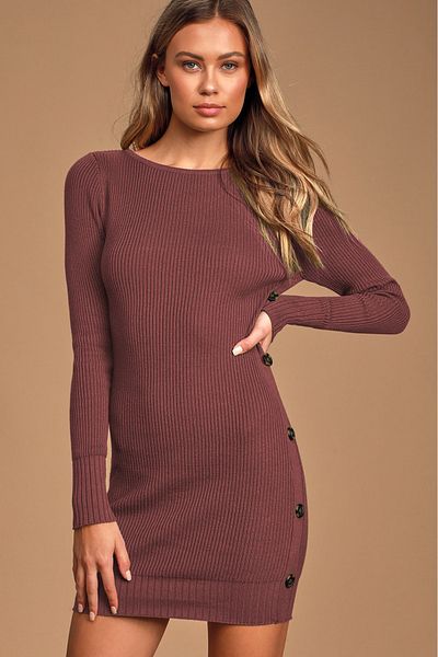 AQE FASHION Γυναικείο πλεκτό φόρεμα με φαρδύ γιακά με μακρυμάνικο πλαϊνό κουμπί με λεπτομέρεια κανέλας