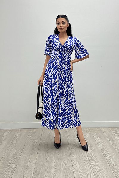 giyimmasalı Satin Fabric Dress with Gather Detail on the Chest - SAKS BLUE