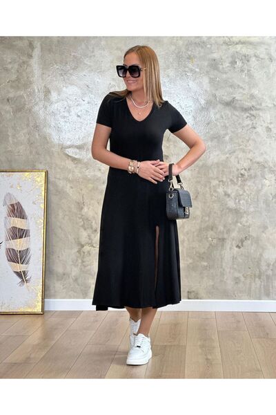 JANES Γυναικεία Ρούχα - Γυναικείο κοντομάνικο V λαιμό φόρεμα μήκους Maxi