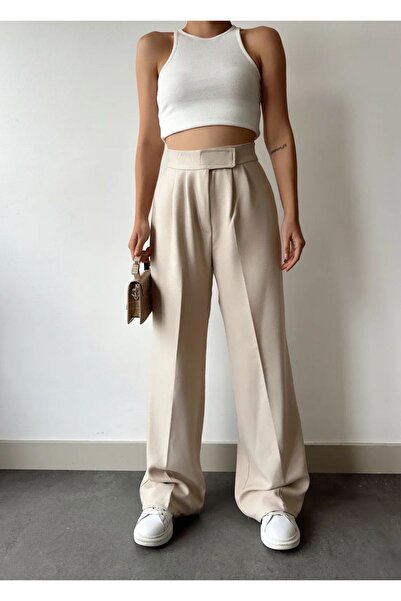 LAMİRAMOOD Neva Bej Cırt Cırtlı Bol Paça Kumas  Pantolon Blue