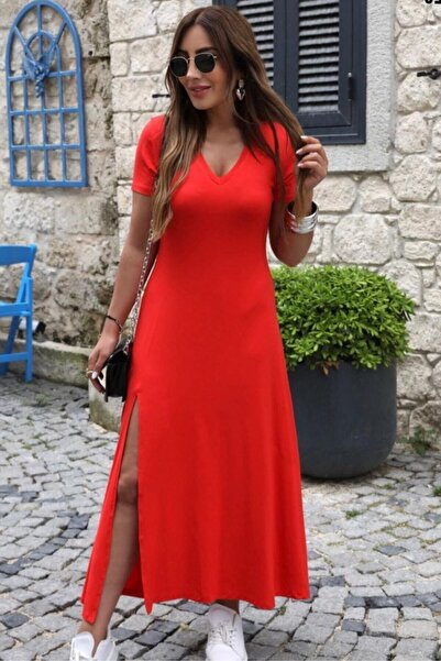 JANES Women's Clothing - Women's Short Sleeve V Neck Maxi Length Dress