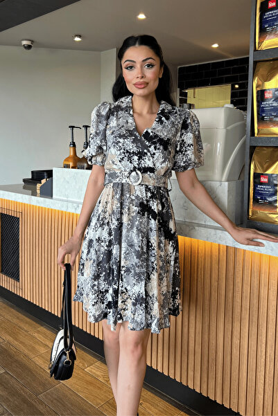 giyimmasalı Double Breasted Collar Elastic Waist Mini Dress - BLACK