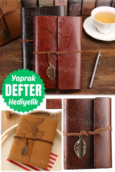 Munico Vintage Deri Seyahat Günlüğü Dizüstü Günlüğü Kabartmalı Yaprak Not Def...