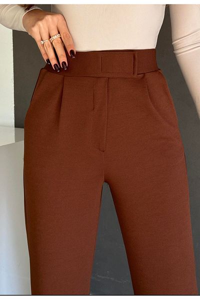 LAMİRAMOOD Neva BROWN Velcro ψηλόμεσο γυναικείο παντελόνι Palazzo με φαρδύ πόδι