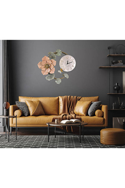 THE LİNSE Metal Dekoratif Çiçek ve Yaprak Figürlü Duvar Saati