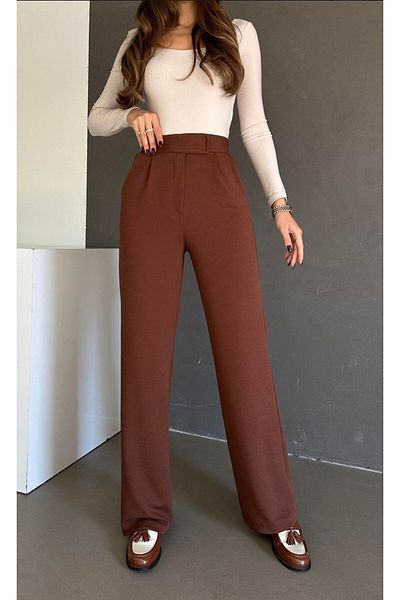 LAMİRAMOOD Neva BROWN Velcro ψηλόμεσο γυναικείο παντελόνι Palazzo με φαρδύ πόδι