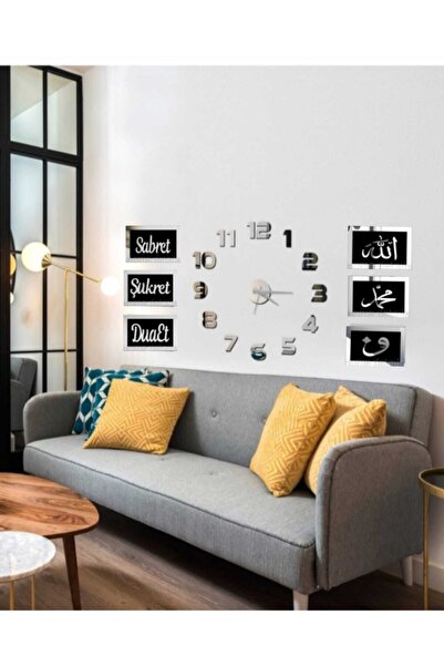 Tooall 3d Latin Rakam Duvar Saat Ve Sabret Şükret Dua Et Allah Muhammed Vav Pano Siyahgümüş