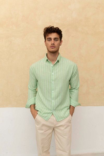 COOL TARZ Men's Pistachio Green Relax Fit Line Detail Shirt