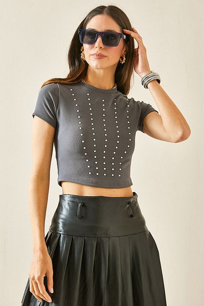 XHAN Gray Crew Neck Jewelled Crop Blouse 5YXK2-48470-03