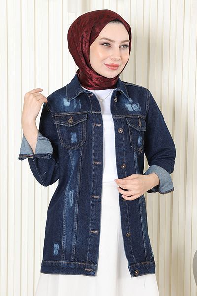 Modamihram Buttoned Denim Jacket Dark Denim 6009