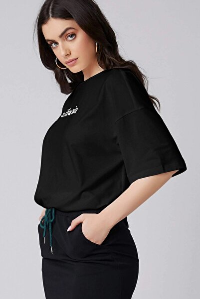 MODAGEN Unisex Black Crew Neck California Printed Oversize T-Shirt