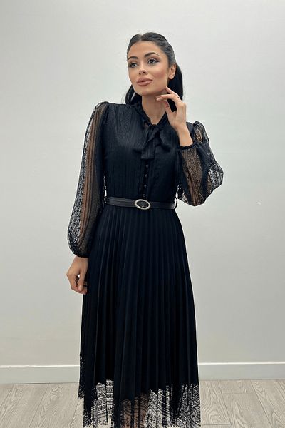 giyimmasalı Lace Fabric Pleat Detailed Midi Dress - BLACK