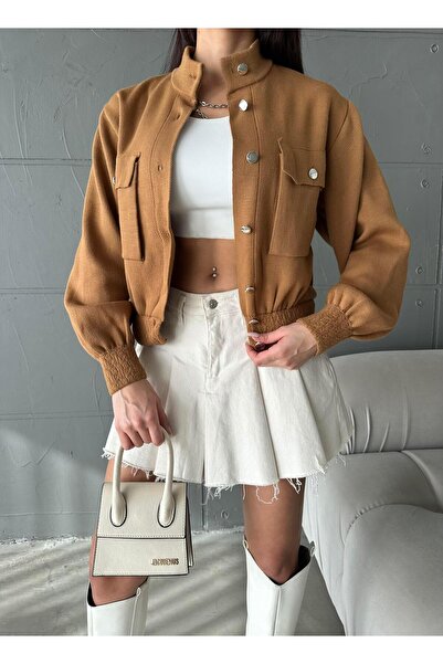 Maldia Shop Women's Elastic Waist Metal Button Pocket Knitwear Bomber Mink Ja...
