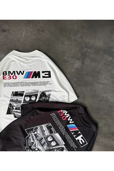 NewCabin Tricou cu croiala confortabilă M3 Bmw imprimat alb-negru, 2 piese, cu detalii din spatele sezonului nou