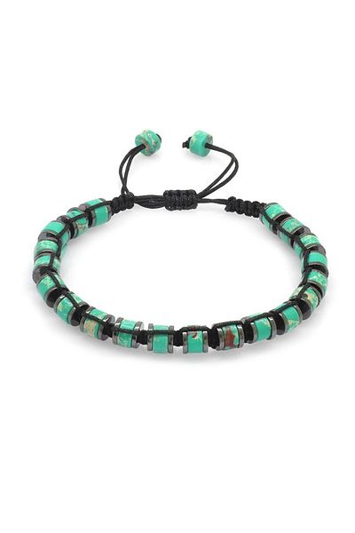 Tesbihane Cylinder Cut Macrame Braided Green Varicide-hematite Combination Natural Stone Women's Bracelet