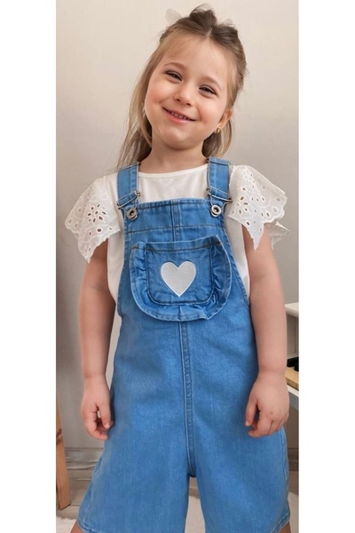 bebitomkids Heart Detailed Denim Jumpsuit for 2-12 Years Old Girls