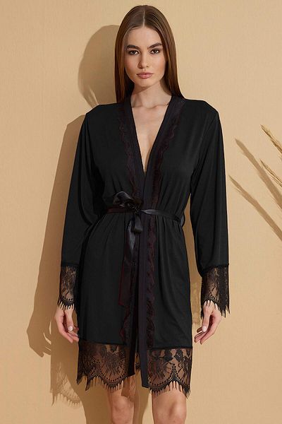 Pijamaevi Black Milan Lace Detailed Knitted Bamboo Women's Dressing Gown