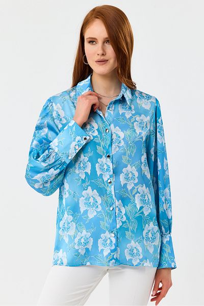 MD trend Cămașă oversize din satin cu umeri cu mâneci cu balon cu model floral