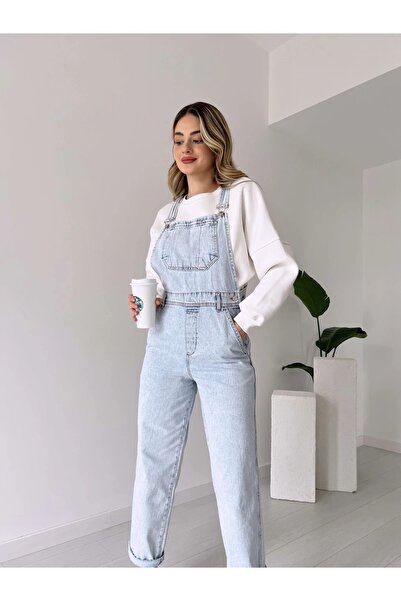 HARMONY GLOBAL WOMEN'S Adjustable Strap Snow Washed Denim Salopet with Front Pocket 6015