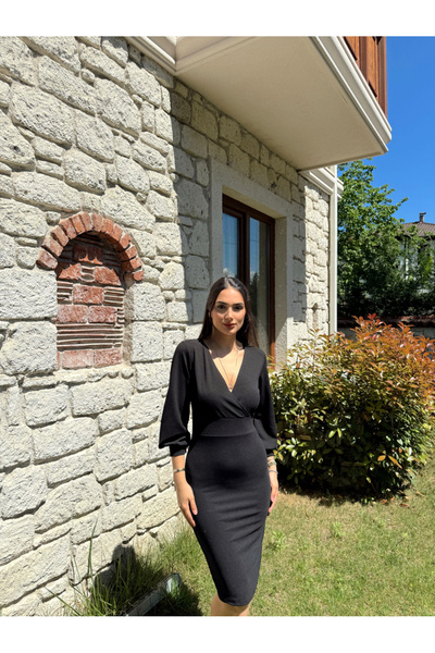 Mekafashion Epril Kruvaze Yaka Midi Boy Kalem Elbise 58706