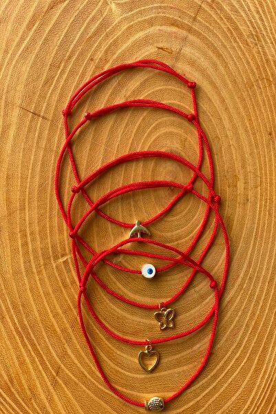 Shepidi 5'li kırmızı ip balık,kuş,nazar boncuğu, kalp, kelebek figürlü halhal