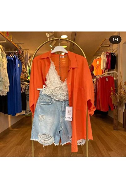 MODA GARDEN 35 OVERSİZE TURUNCU KETEN GÖMLEK