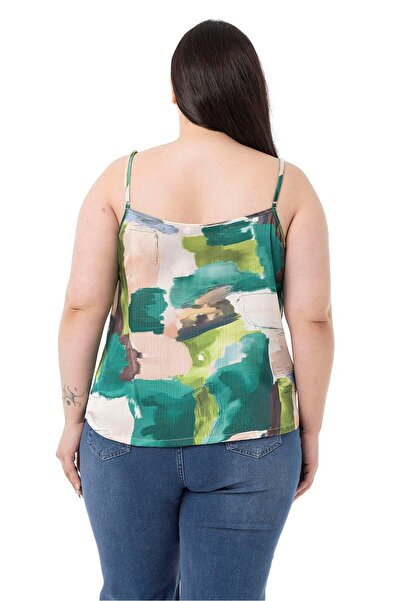 DISENTIS MODEST Plus Size Adjustable Thin Strap Buttoned Front Tie-Dye Patterned Green Blouse