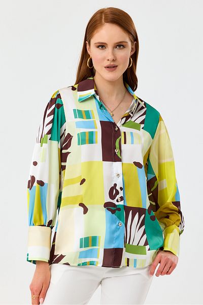 MD trend Cămașă oversize din satin cu umeri cu mâneci cu balon cu model floral