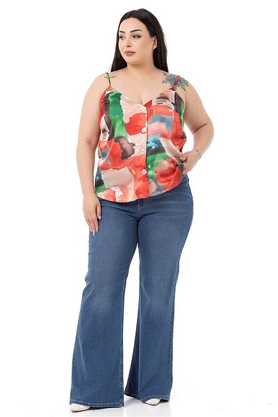 DISENTIS MODEST Plus Size Adjustable Thin Strap Buttoned Front Tie-Dye Patterned Red Blouse