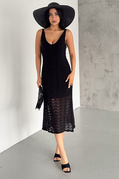 vuvutasarım Gefüttertes Strickstoff-Midi-Strandkleid mit V-Ausschnitt und weiter Passform, schwarz, 2043