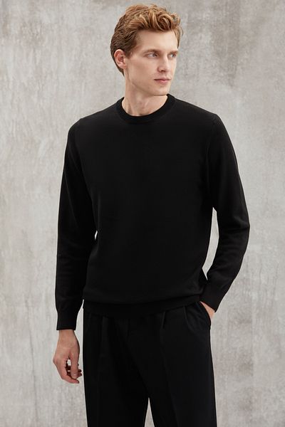 GRIMELANGE Battıs Herren-Pullover aus 50 % Baumwolle, spezieller Seidengriff, Anti-Pilling, weicher runder Kragen, Schwarz