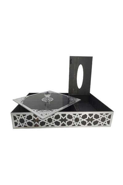 şamaksesuar Special Wooden Turkish Delight - Chocolate - Candy - Nuts 4 Sections ( BLACK & SILVER ) Napkin Box