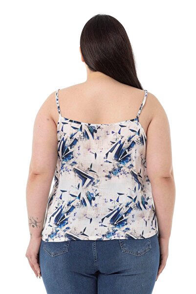 DISENTIS MODEST Plus Size Adjustable Thin Strap Buttoned Front Floral Print Navy Blue Blouse