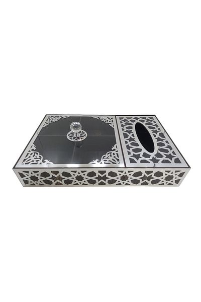 şamaksesuar Special Wooden Turkish Delight - Chocolate - Candy - Nuts 4 Sections ( BLACK & SILVER ) Napkin Box