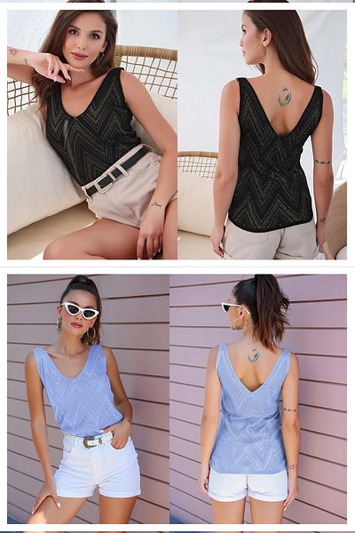 AQE FASHION Women's Front Back V-Neck Sleeveless Strap Glitter Detailed 2-Pack Blouse BLACK-BABY BLUE