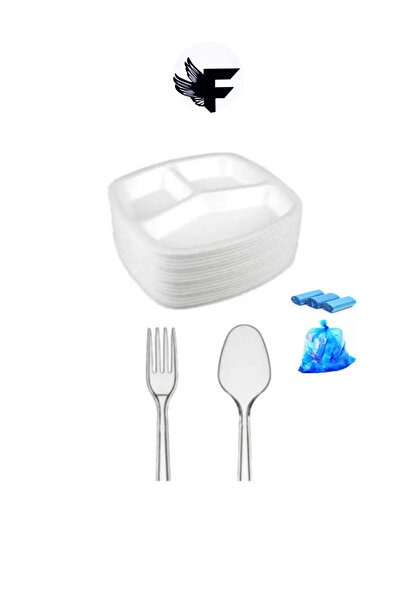 FİGANLAR 50 li Köpük Tabildot 50 Plastik Çatal 50 Plastik Kaşık Orta Boy Çöp Torbası 20 li