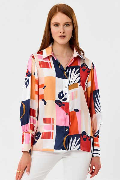 MD trend Cămașă oversize din satin cu umeri cu mâneci cu balon cu model floral