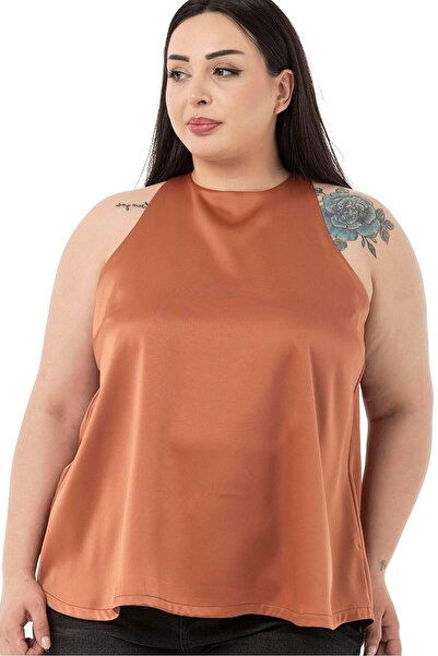 DISENTIS MODEST Plus Size Halter Neck Satin Textured Lined Cinnamon Blouse