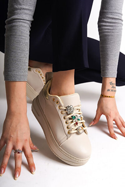 Rainon Store RDSBrianna Skin Leather Laced Orthopedic Sole Colorful Stone Decorated Women's Sports Shoes