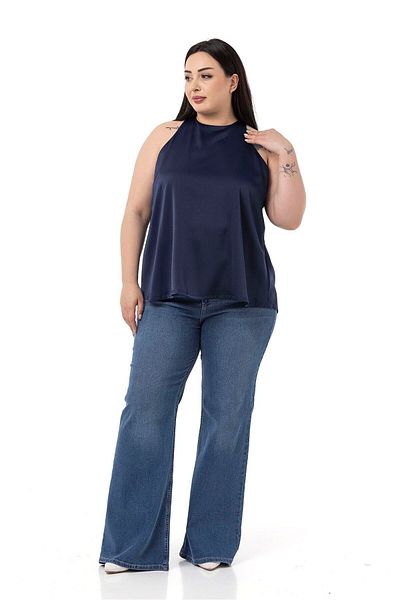 DISENTIS MODEST Plus Size Halter Neck Satin Textured Lined Navy Blue Blouse