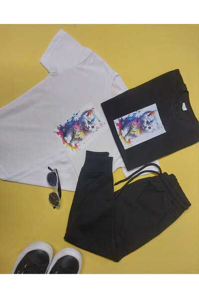 YAĞTU COLLECTİON Cat Printed 2 Pieces T-shirt and Sweatpants with Side Pocket...
