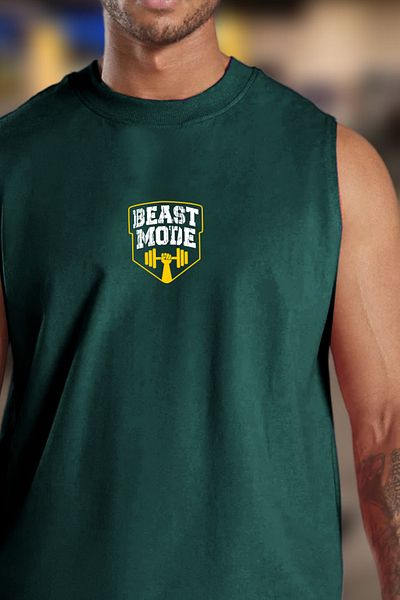 BESSA قميص رياضي بدون أكمام من القطن برقبة دائرية كبيرة الحجم مطبوع عليه Beast Mode للرجال