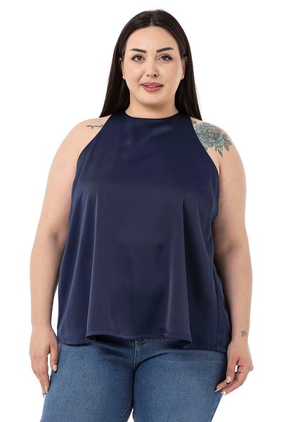 DISENTIS MODEST Plus Size Halter Neck Satin Textured Lined Navy Blue Blouse