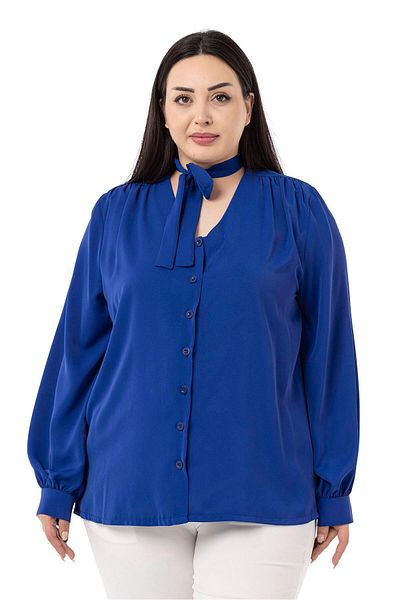 DISENTIS MODEST Plus Size Saxe Blue Shirt with Halter Detail and Cuffs