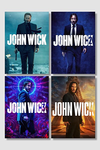 postick John Wick 4'lü Film Posteri Seti Yüksek Kaliteli Kalın Parlak Kuşe Ka...