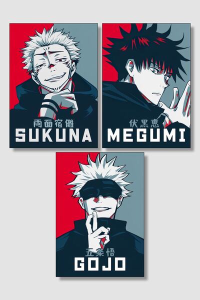 postick Jujutsu Kaisen 3'lü Anime Poster Seti Kalın Parlak Kuşe Kağıdı