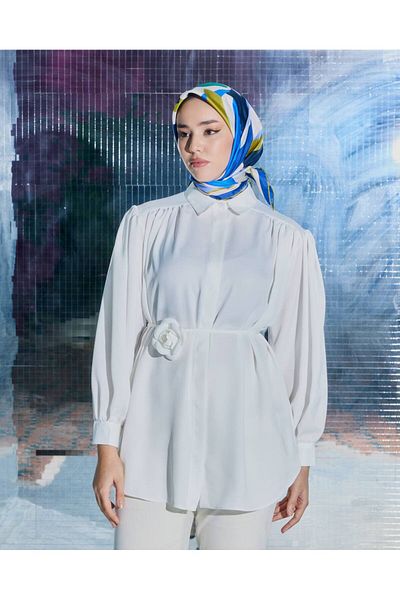 Aryen Belted Hijab Tunic Shirt with Balloon Sleeve and Rose Detail