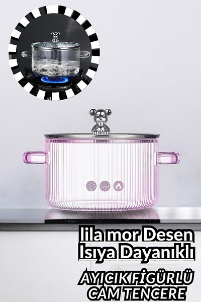 Comprox 1700cc Lilac Purple Teddy Bear Figured Pot Heat Resistant|Borosilicate| Termisil Stovetop Glass Pot